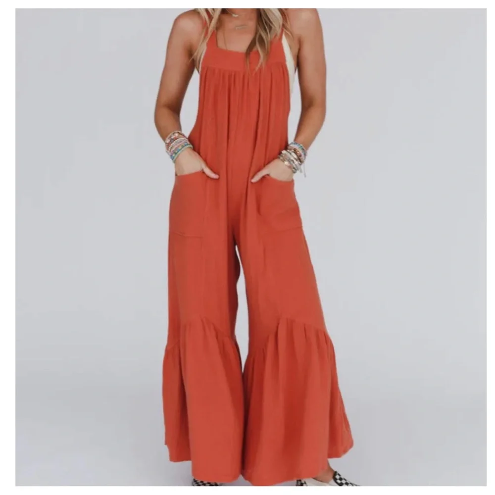 30 Boho wide leg ruffle Jumpsuit - Picture 2 of 3